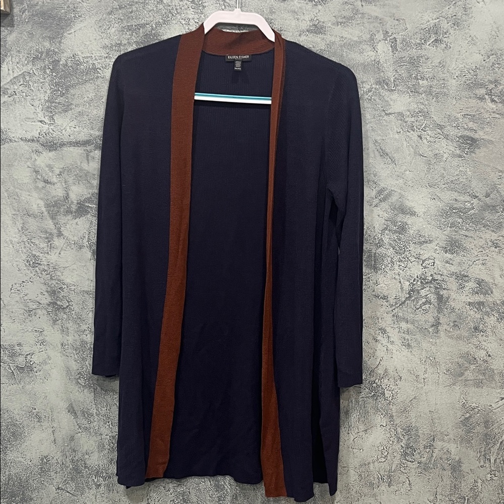 Women's Navy and Brown Open Front Cardigan